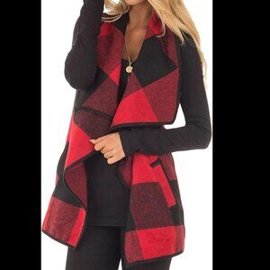 Yacun Women's Sz Large Sleeveless Waterfall Vest Red Black Buffalo Plaid Pockets